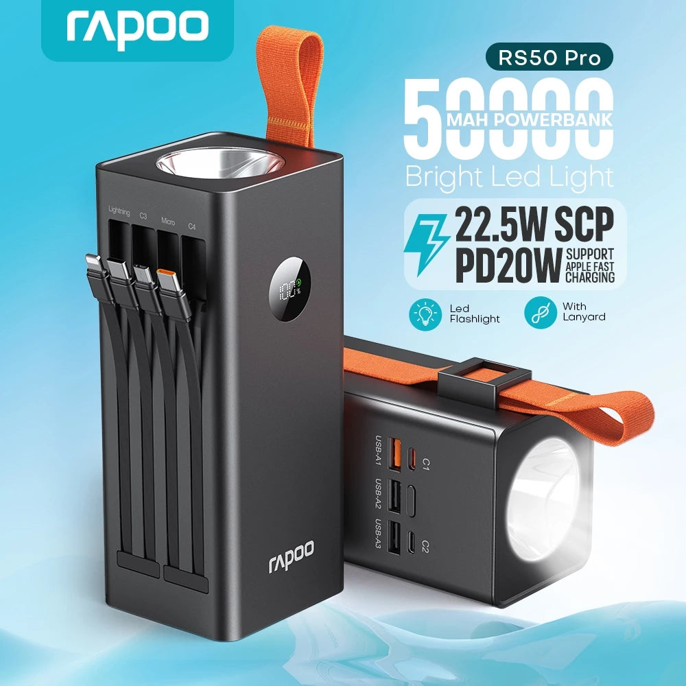 Rapoo RS50 PRO Power Bank With Built in 4 Cable and Flashlight 50000mah